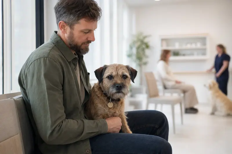 Border Terrier sitzt ruhig neben seinem Besitzer im hellen Wartezimmer einer modernen Tierarztpraxis.